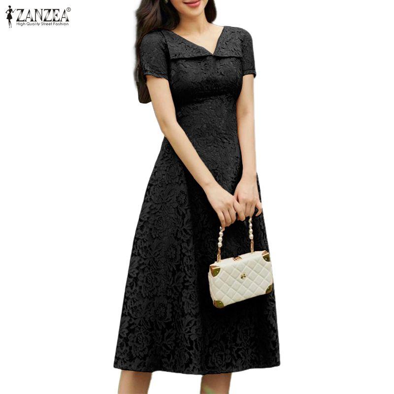 ZANZEA Women Casual V-Neck Short Sleeve Hollow Lace Patchwork Elegant Dress