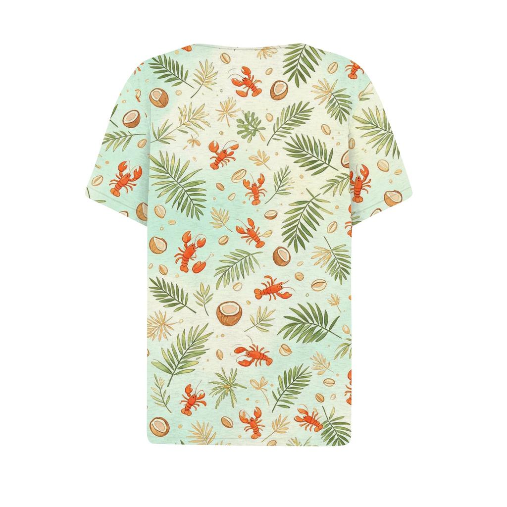 Women Casual V Neck Short Sleeve Button Shirt Lobster Print Lightweight Summer Top Relaxed Fit