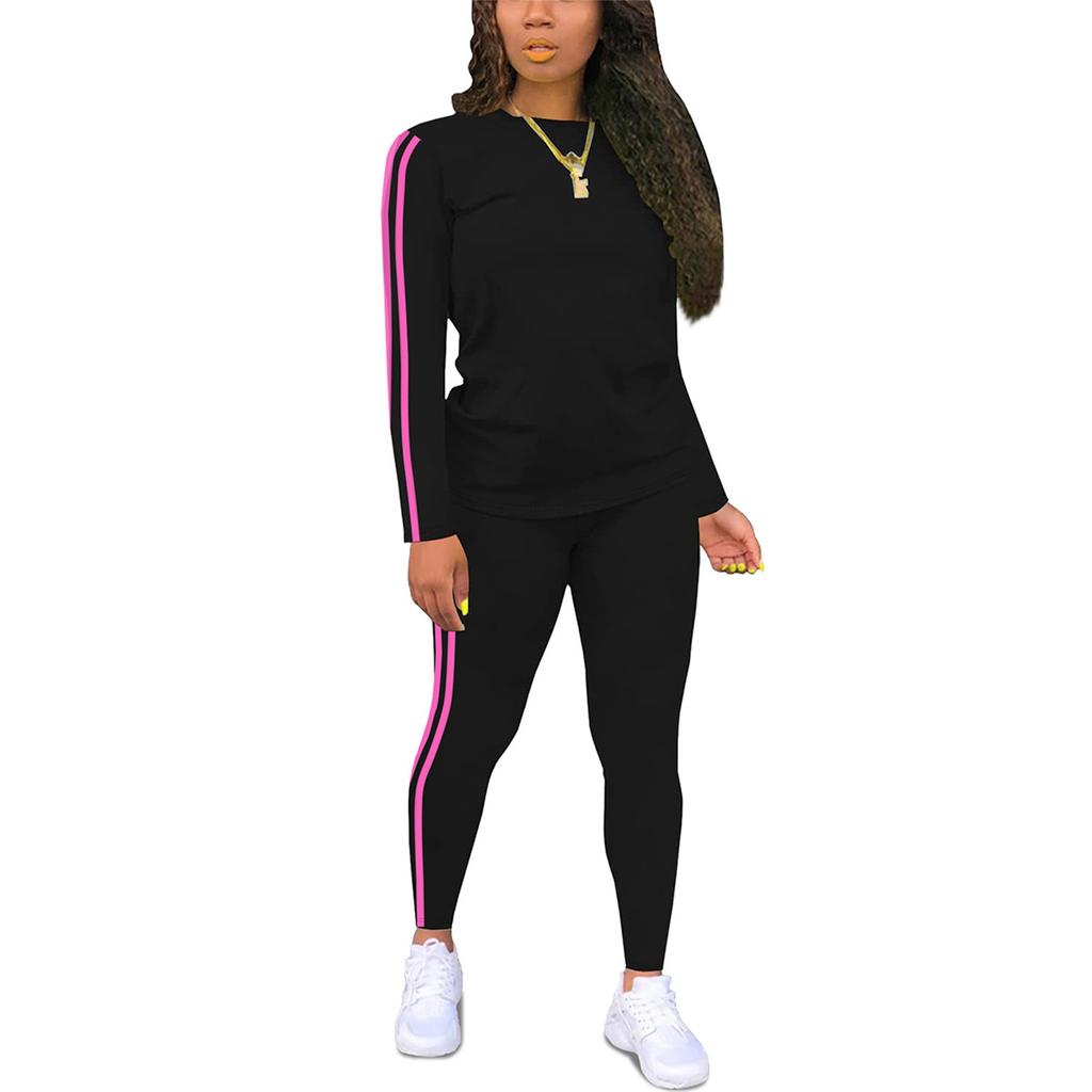 Women's Round Neck Long Sleeve Patchwork Top And Trousers Set With Side Patches Two-Piece Suit