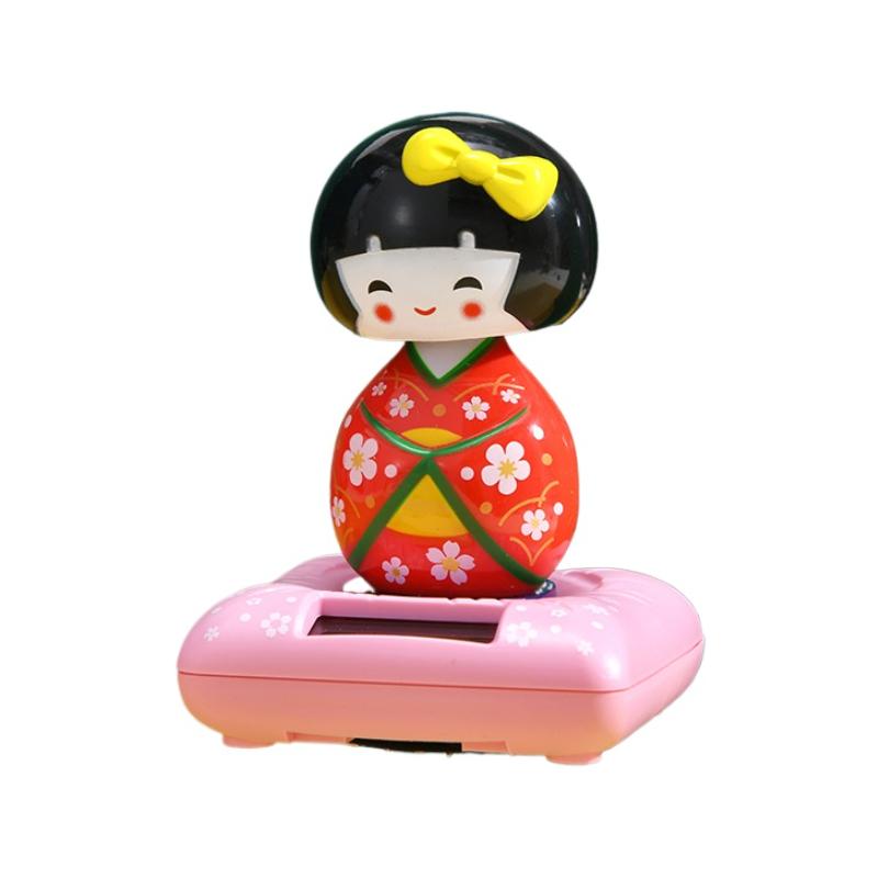 New Solar Powered Japanese-Style Doll Car Ornament Kimono Girl Shaking Head Nod Head Cartoon Doll Dashboard Cute Car Accessories