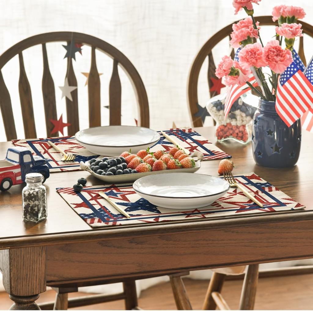 Stars Stripes Patriotic 4th of July Placemats Set of 4, 12x18 Inch Memorial Day Table Mats for Party Kitchen Dining Decoration Beige