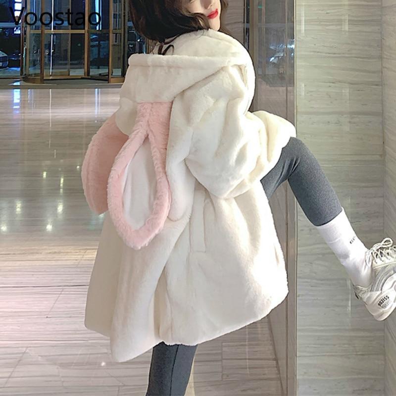 Autumn Winter Gothic Harajuku Couple Hoodies Cute Rabbit Ears Black Hooded Outwear Women Sweet Korean Loose Warm Plush Coats