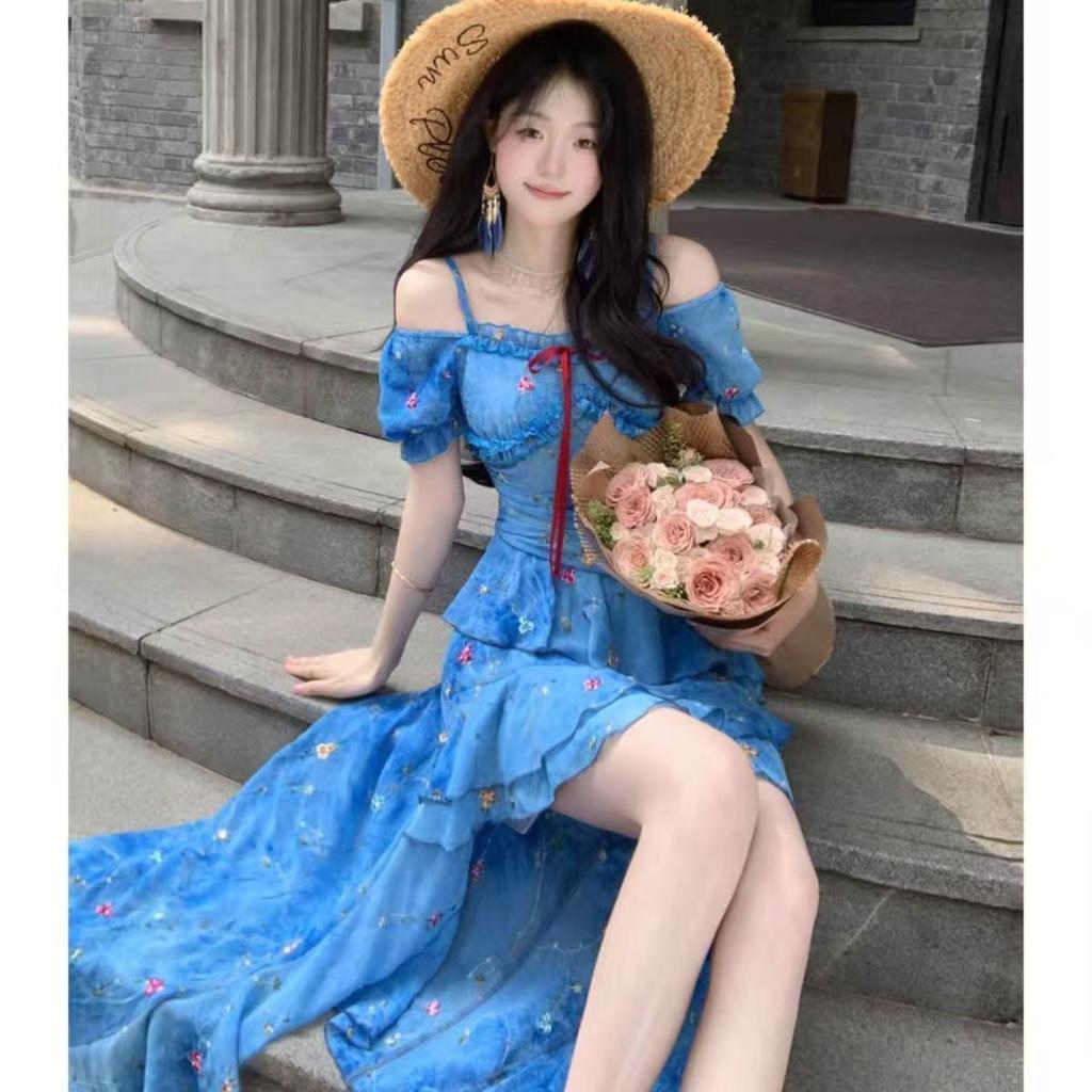 French temperament seaside vacation dress children's summer new blue floral irregular design long dress
