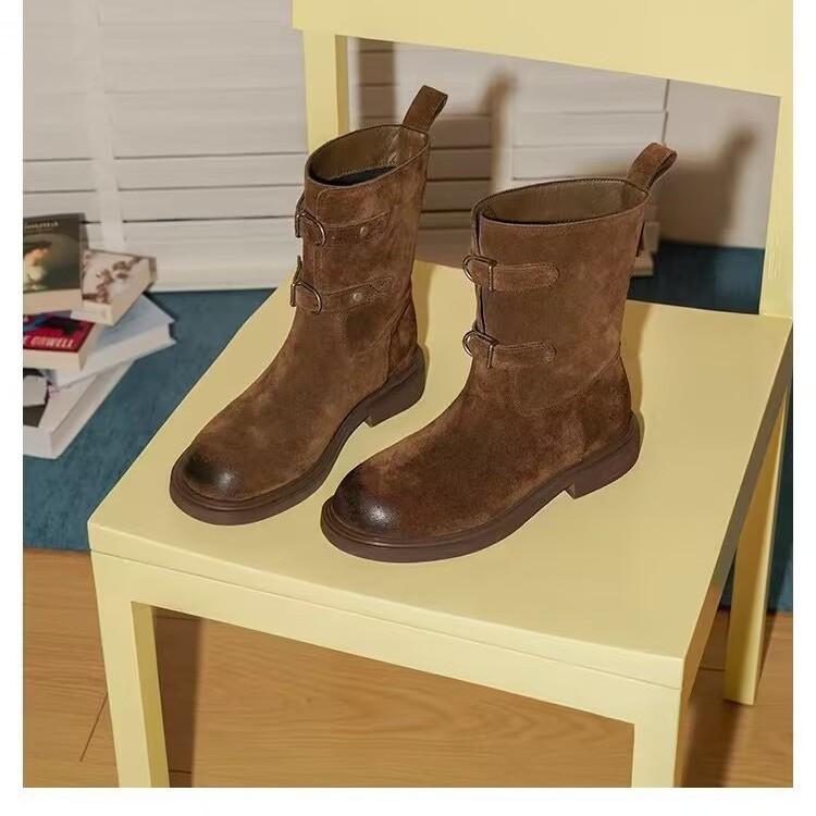 Retro Polished Round Head Belt Buckle Martin Boots Women's 2025 Summer New Thick Heel High Heel Western Cowboy Boots Short Boots