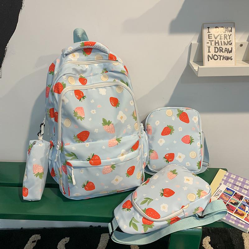 Four-Piece Strawberry Schoolbag Travel Backpack Women's Large Capacity Printed Backpack for Students