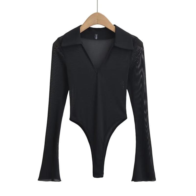 

Polo Fashion Spring and Summer Long Sleeves T-shirt Transparent Mesh Black M