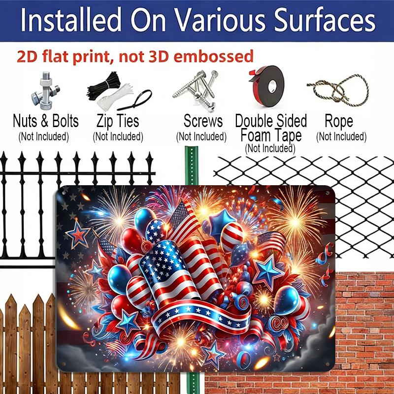 2D Flat, 1pc Patriotic Celebration Plaque, 12"×8" - Fireworks & Balloons Decor Sign, Red White & Blue - Aluminium Wall Hanging Decoration for