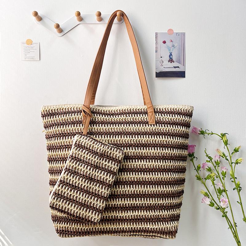 Woven Straw Tote Bag With Zipper Closure For Casual Travel And Summer Outings