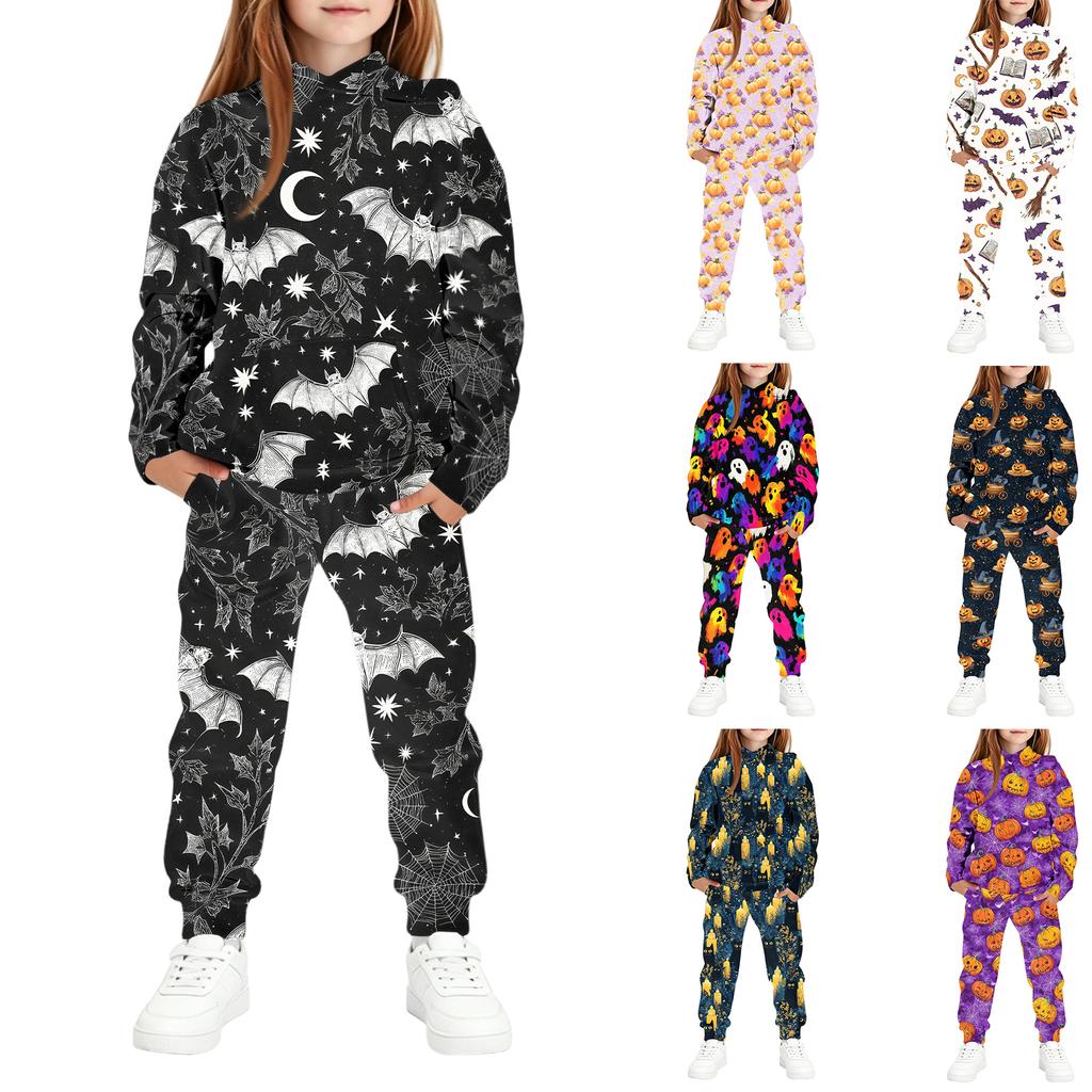 Kids Hoodie Set with Halloween Print – Long Sleeve Pullover and Pants for Boys Girls Holiday Party