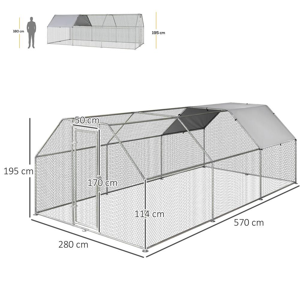 Waterproof Galvanized Metal Chicken Coop, Chicken Run with Door and Oxford Cover, 280x570x195cm