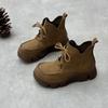 Johnature Handmade Genuine Leather Short Boots Retro Thick Soled Round Toe Lace Up Women's Shoes