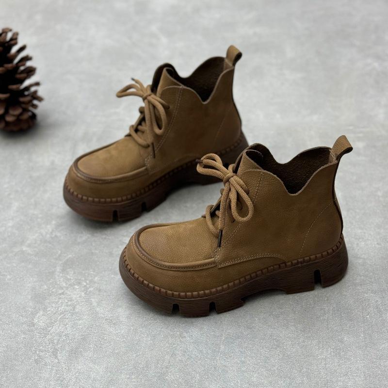 Johnature Handmade Genuine Leather Short Boots Retro Thick Soled Round Toe Lace Up Women's Shoes