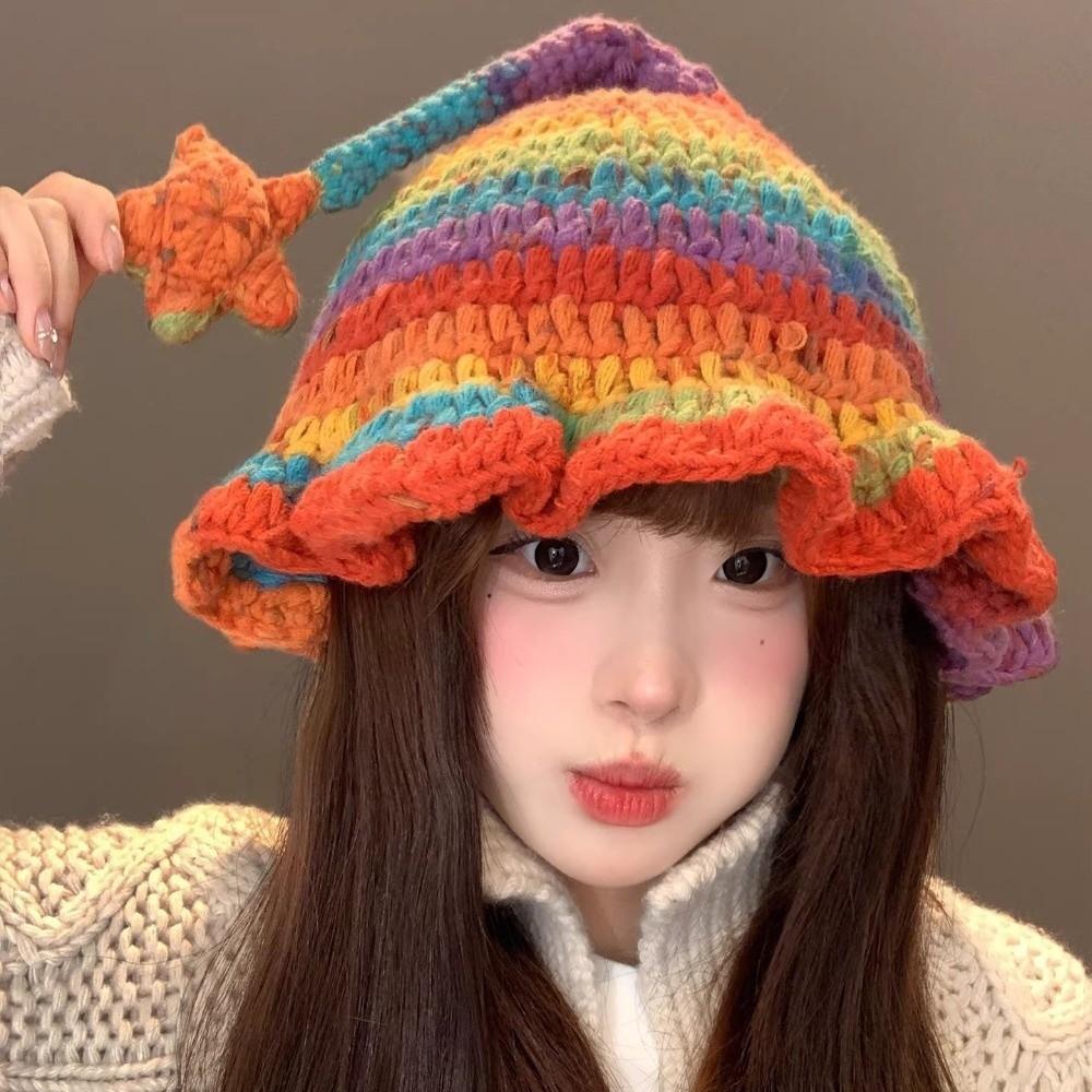 Hand-Crocheted Knitted Elf Hat Colorful Wizard Hat Cute Fairy Hat for Adult and Children