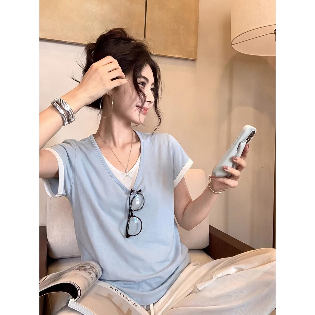 Loose silhouette fake two-piece short-sleeved U-neck thin breathable top women's summer daily refreshing age reduction lazy wind T-shirt