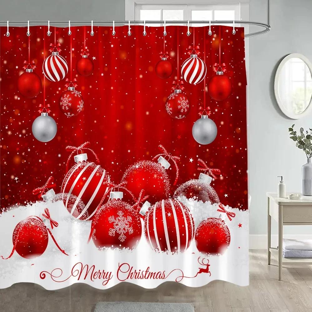 Christmas Shower Curtain Green Pine Branches Xmas Balls New Year Home Decor Polyester Fabric Bathroom Bath Curtains With Hooks