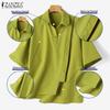 ZANZEA Damen Sommer Casual Shirt Kragen Halbarm Lose Diagonal Knopf Einfarbig Blusen