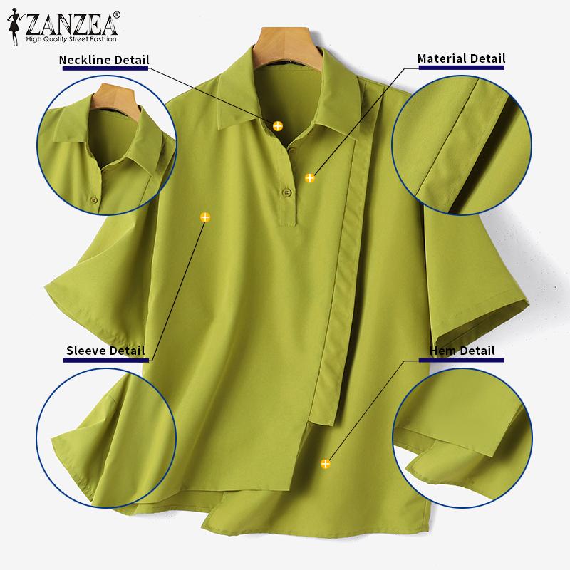 ZANZEA Damen Sommer Casual Shirt Kragen Halbarm Lose Diagonal Knopf Einfarbig Blusen