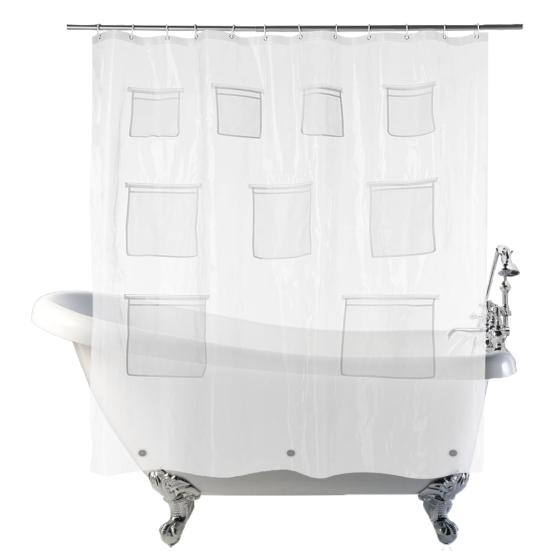 Shower Curtain Bath Organizer Shower Curtain with 9 Transparent Pockets Keep Smartphone Safe Bath Curtain for Bathroom Storage