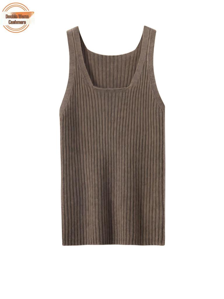 100% Pure Cashmere Ribbed U-Neck Camisole – Solid Color Slim Fit Base Layer Top
