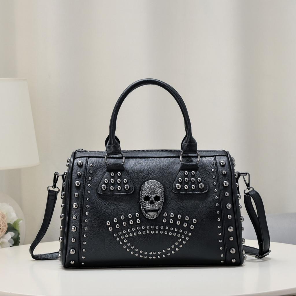 Women's Bag with Rivets, Black Skull Head, Versatile Shoulder Bag, Diagonal Cross Pillow Bag, Women's Bag