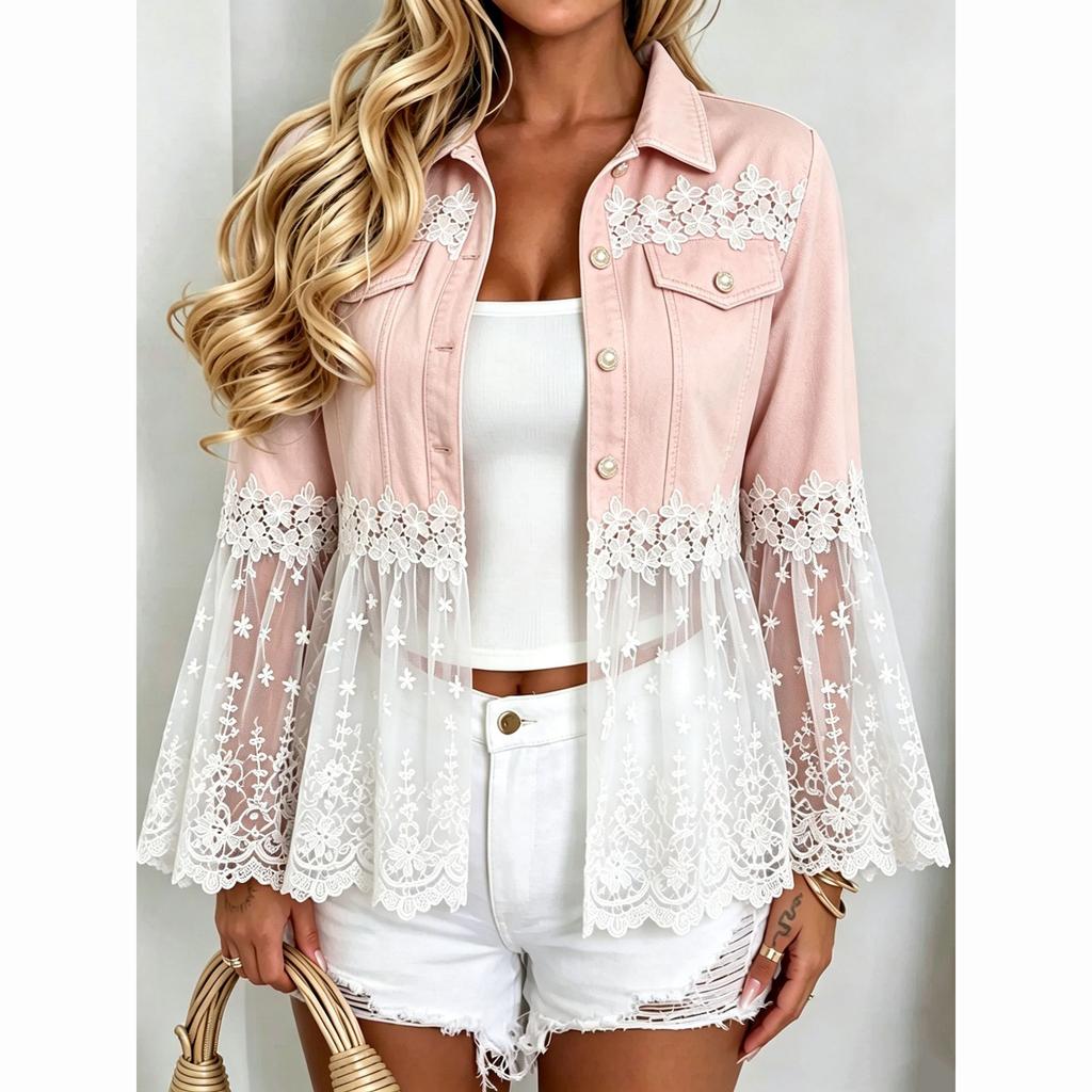 Elegant Lightweight Women's Jacket Lace Patchwork Button Design Fashionable Versatile Outerwear Polyester Fabric Long Sleeve