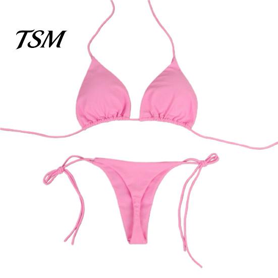 Lady Swimwear 2 Pcs/Set Bikini Set Solid Color Halter Neck Women Swimsuit Strap Thong for Beach