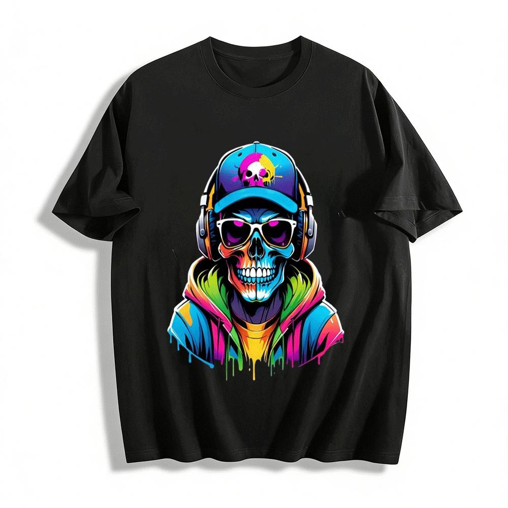 Cool Skull DJ Style Printed Hoodie Trendy Streetwear For Men Women Pure cotton T-shirt XXS