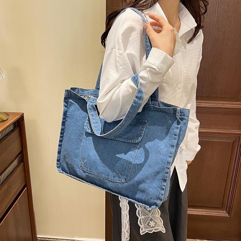 Simple Casual Literary and Artistic Style Versatile Solid Color Denim Bag Shoulder Underarm Bag Large Capacity Tote Bag