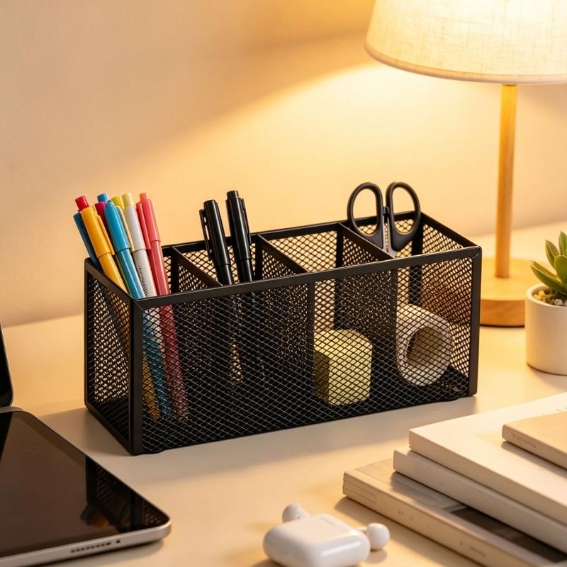 Vanity and Desk Organizers Pen Holders, Black Metal Mesh Desktop Caddy for Brushes, Pen, Scissors, and Supplies