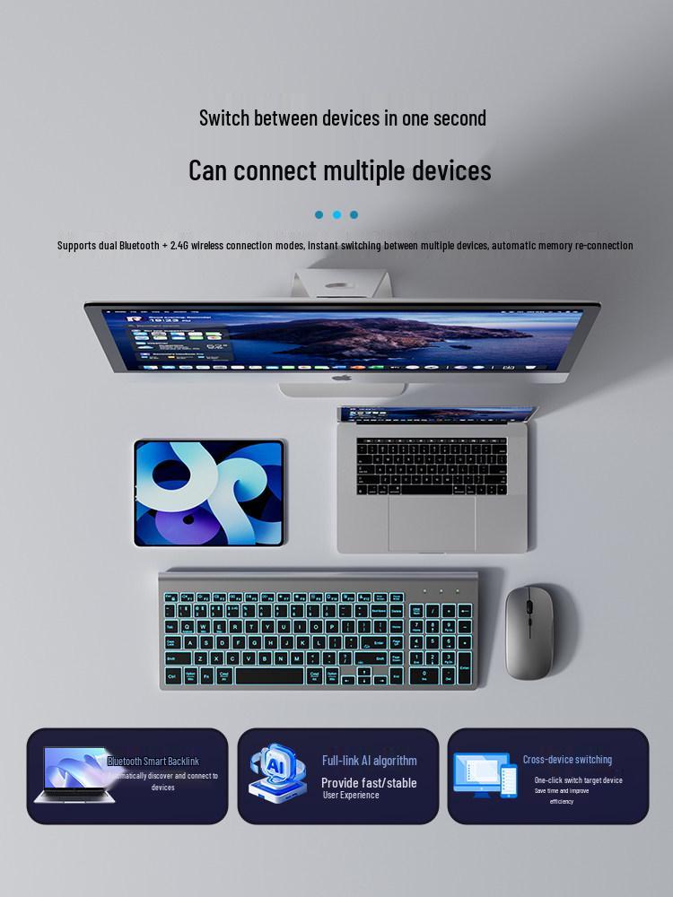 Dual-Mode Backlit Bluetooth Wireless Keyboard & Mouse Set with Eight-Color Lighting