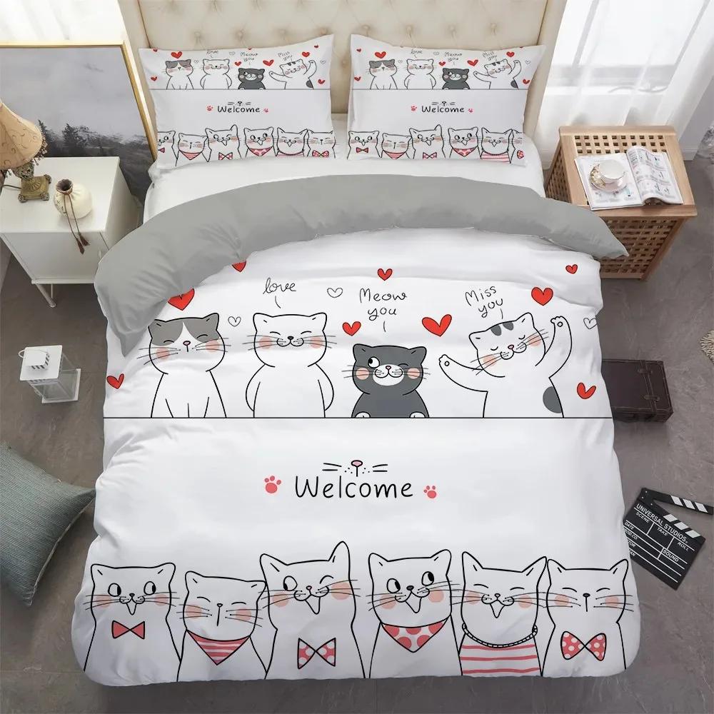 Cartoons Niedliche Katze Bettbezug Polyester Bettdeckenbezug Kissenbezug Junge Mädchen Liebevolle Tiere Bettwäscheset King Queen Full Size