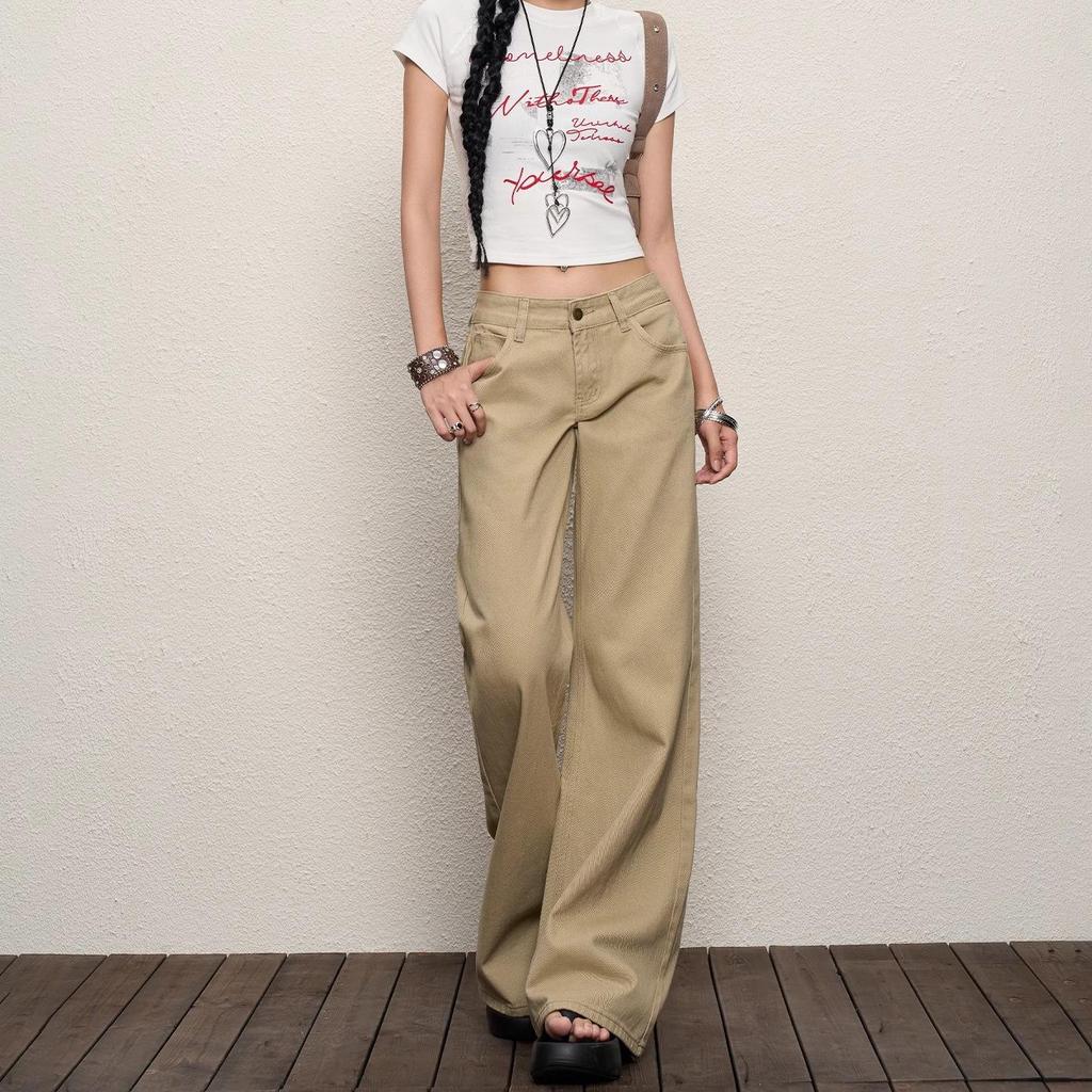 Women's Retro Khaki Low-Waisted Micro-Flare Jeans for Summer/Fall 2025