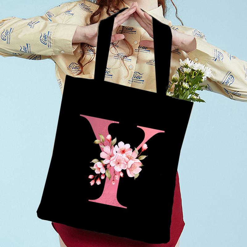 Pink Sakura Handbags Women Eco Reusable Tote Bag Cherry Blossom College Canvas Bag Vintage Sakura Alphabet Ladies Shoulder Bag