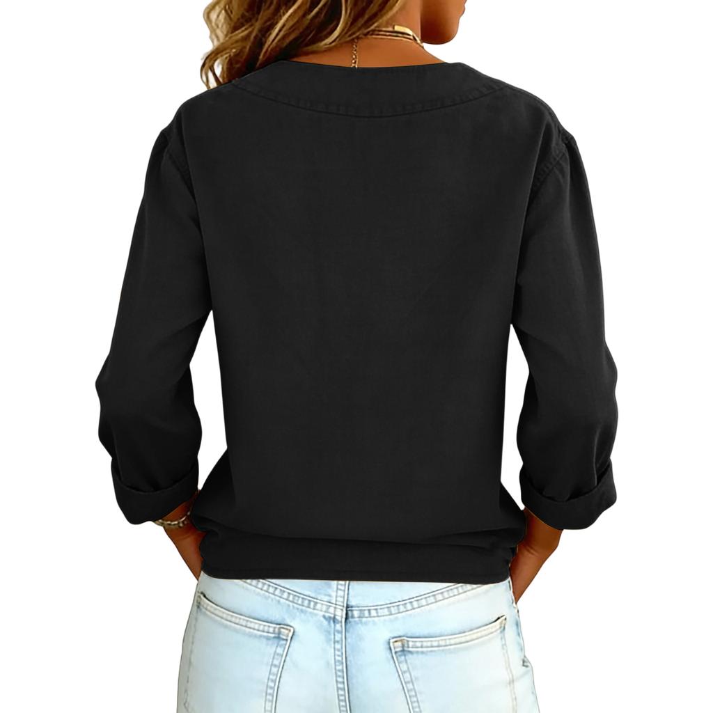 Women's Color Casual Loose V-neck Long Sleeved Split Cotton And Linen Top