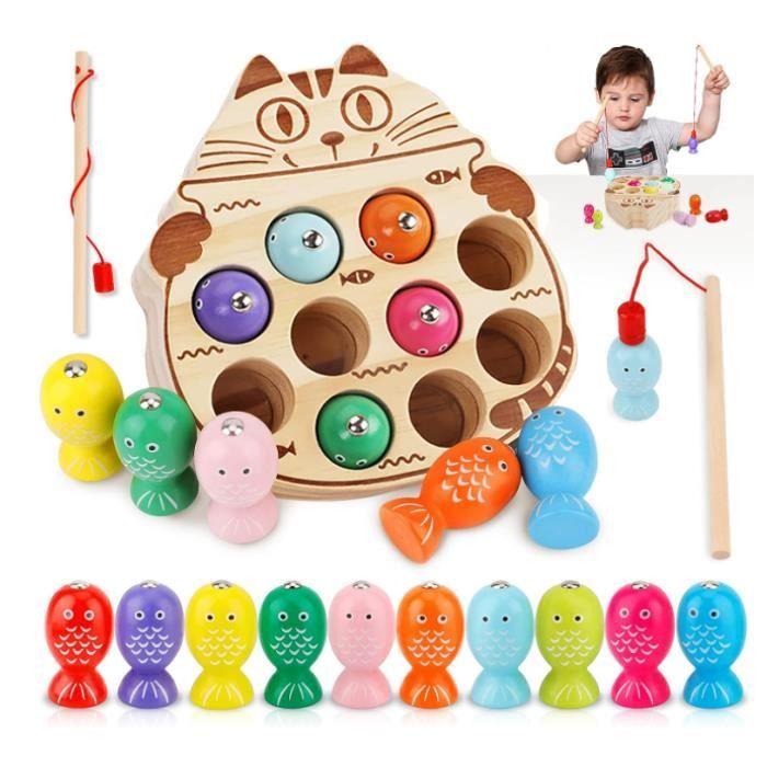 Jouet en Bois - Non spécifié - Jeu de Pêche Magnétique - 10 Poissons - 2 Canes à Pêche - Mixte 2 Ans