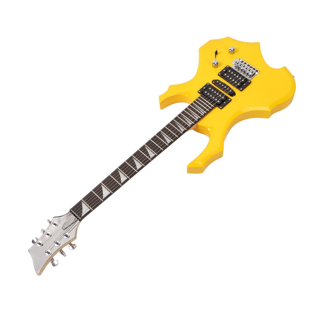Electric Guitar 24 Fret Yellow Flame Shaped Electric Guitar Beginner Kit with Picks Strings Handle