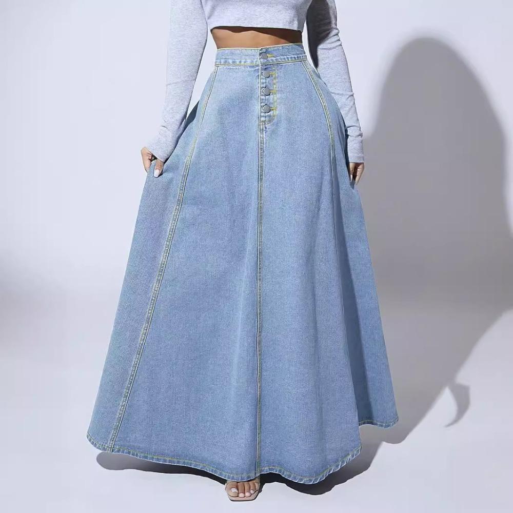 Women's High Waist Maxi Skirt A-Line Skirt Loose Fit Street Style Denim Skirt Solid Color Button Zipper Long Skirt For All Body Types