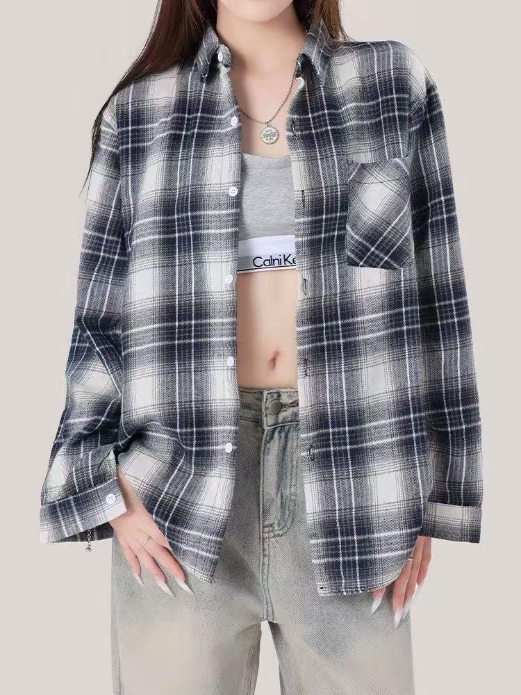 

Женская клетчатая рубашка в стиле ретро Гонконг - Универсальная осенняя верхняя одежда, Свободный крой, Приталенный длинный рукав Large