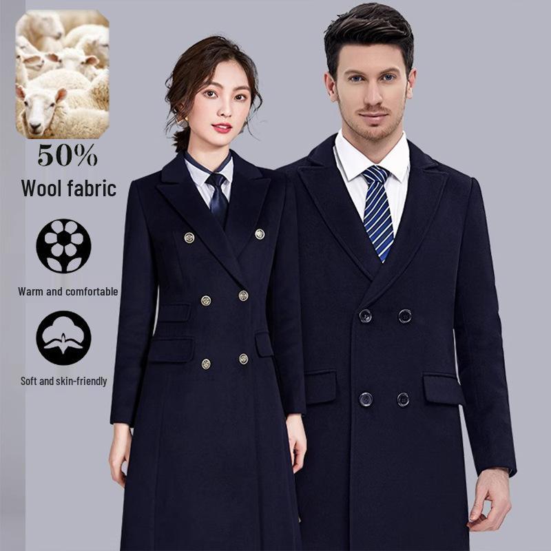 Unisex Mid-Length Wool Flannel Coat - Thickened for Autumn and Winter, Ideal for Professional Wear and Office Uniforms.