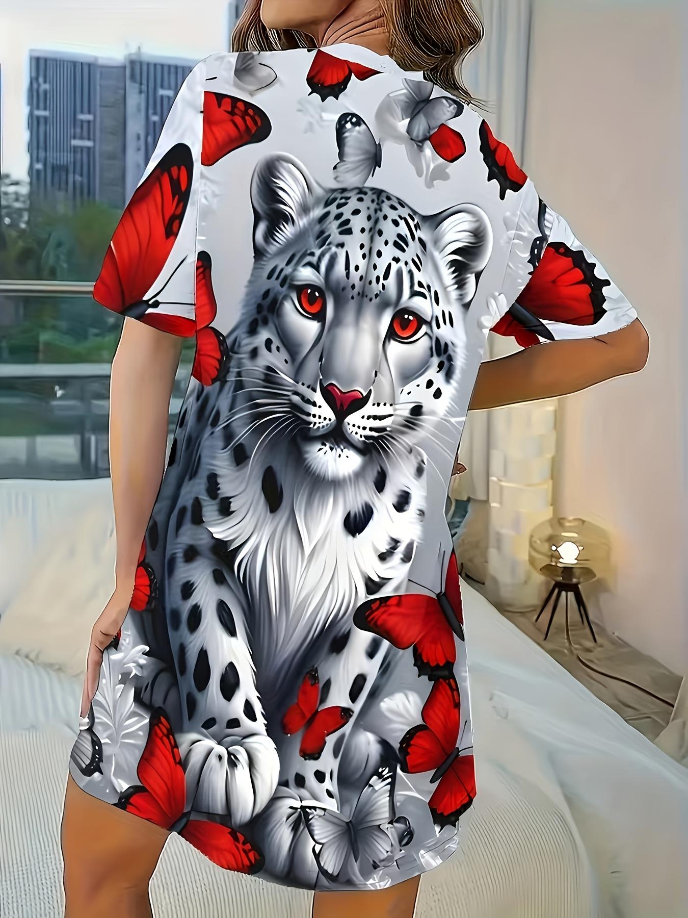 

Women S Casual Round-Neck Long T-Shirt Pajamas with Butterfly And Leopard Print Short-Sleeve Dress Loungewear XS дубильная кора