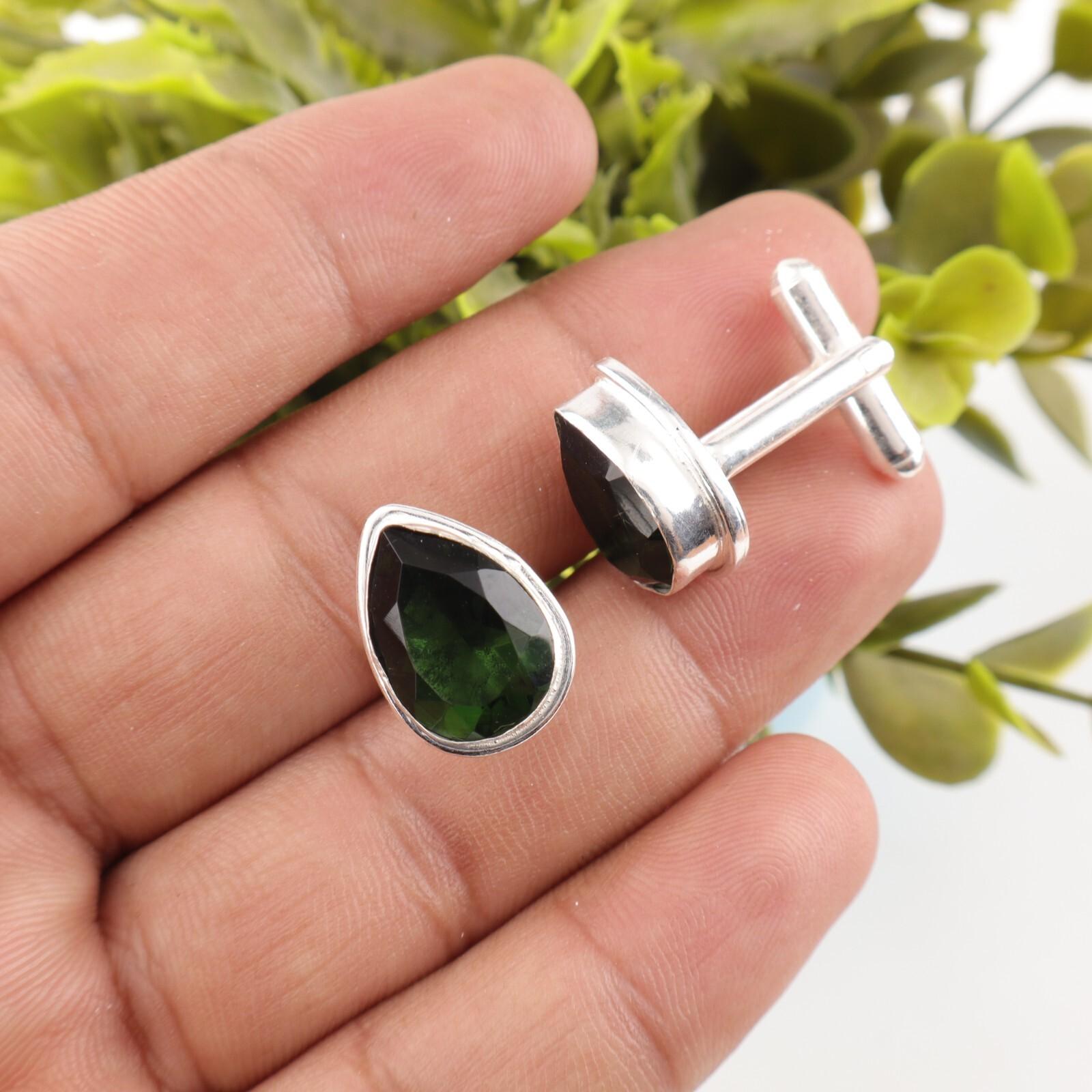 

Green Tourmaline Gemstone 925 Sterling Silver Jewelry Handmade Cufflinks 0.66 CL-6-9