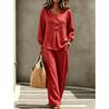 Womens Casual V-Neck Button-Up Lantern Sleeve Top Wide-Leg Pants 2-Piece Set Cotton Linen Blend