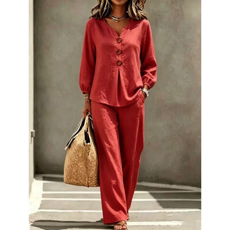 Womens Casual V-Neck Button-Up Lantern Sleeve Top Wide-Leg Pants 2-Piece Set Cotton Linen Blend