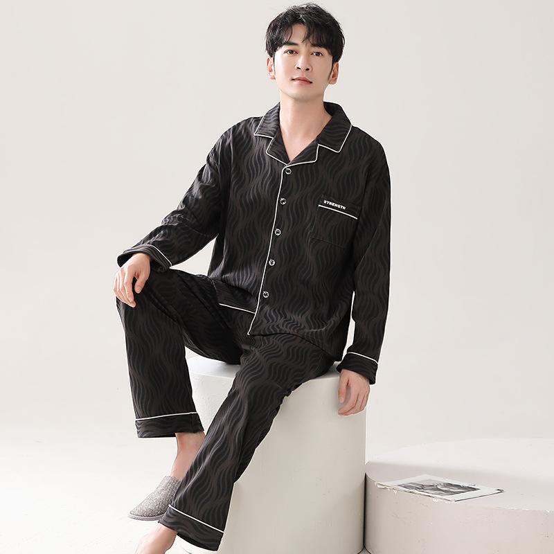 Pajamas Men'S Spring And Autumn Cotton Long Sleeve Autumn Cotton Cardigan Casual Suit Autumn Loungewear