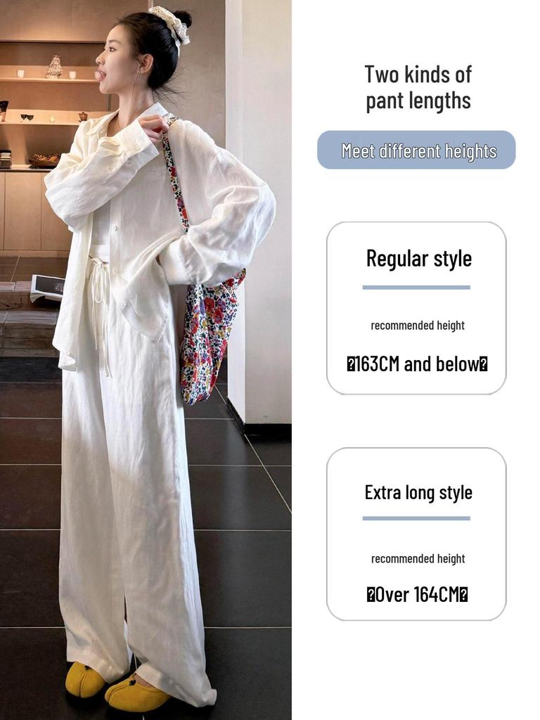 Women's White Linen High-Waisted Wide-Leg Pants - Spring Style, Drapey, Sun Protection, Cotton-Blend Casuals