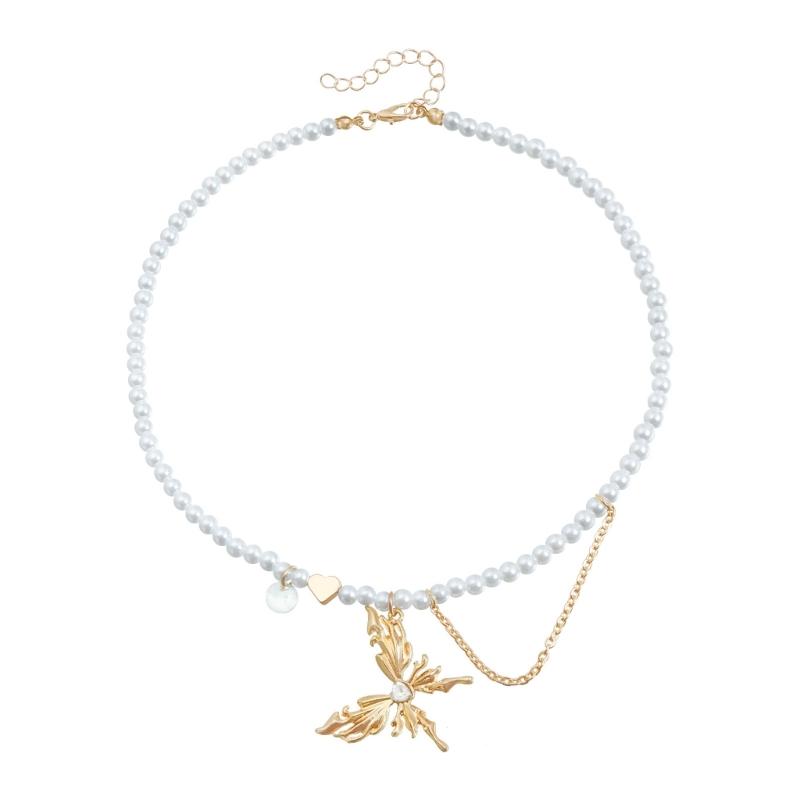 

Stylish Alloy Chain Necklace With Sparkling Zircon Heart Butterfly Design And Delicate Pearls Fringe Decoration 1