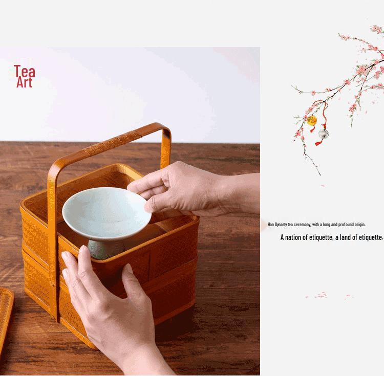 Retro Bamboo Woven Basket for Tea Set Storage | Bamboo Handle Food Container | Chinese Gongfu Tea Storage Box