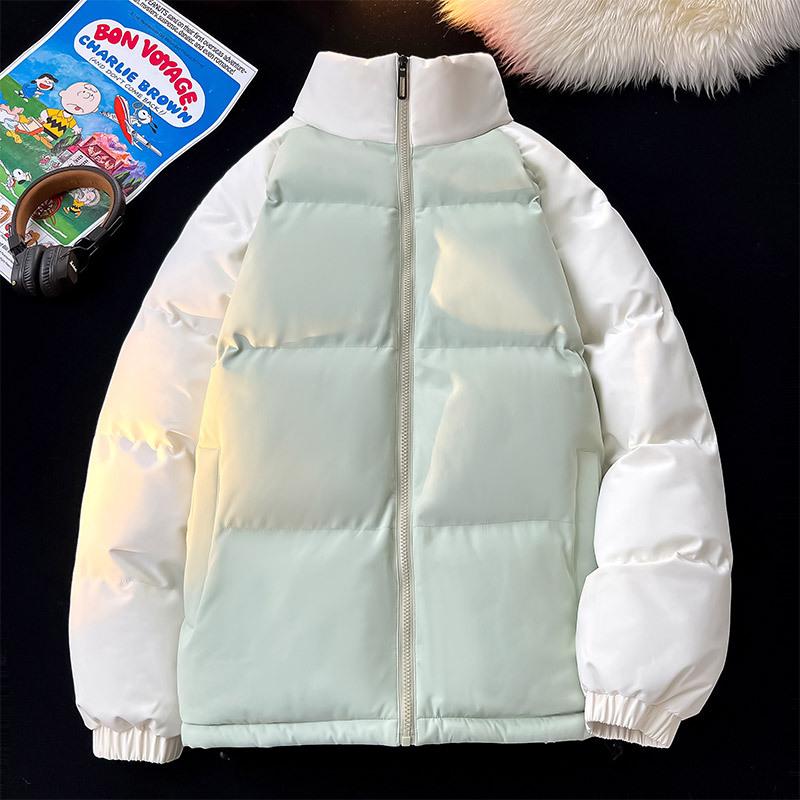 Men's White & Purple Color Block Puffer Jacket Stand Collar Warm Winter Coat