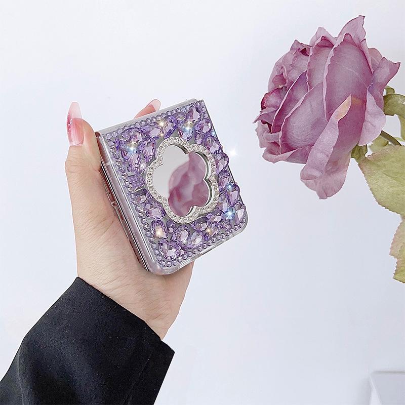 For Korea for Samsung Zflip4 Mobile Phone Case Luxury Full Diamond Cat Flower Glass Mirror Ins Style Bunny