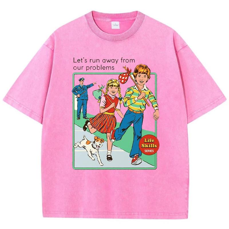 Let' Run Away From Our Problems Print Women Distress Tshirts Summer Fashion Washed T-Shirt Breathable Tee Shirts Soft Clothes